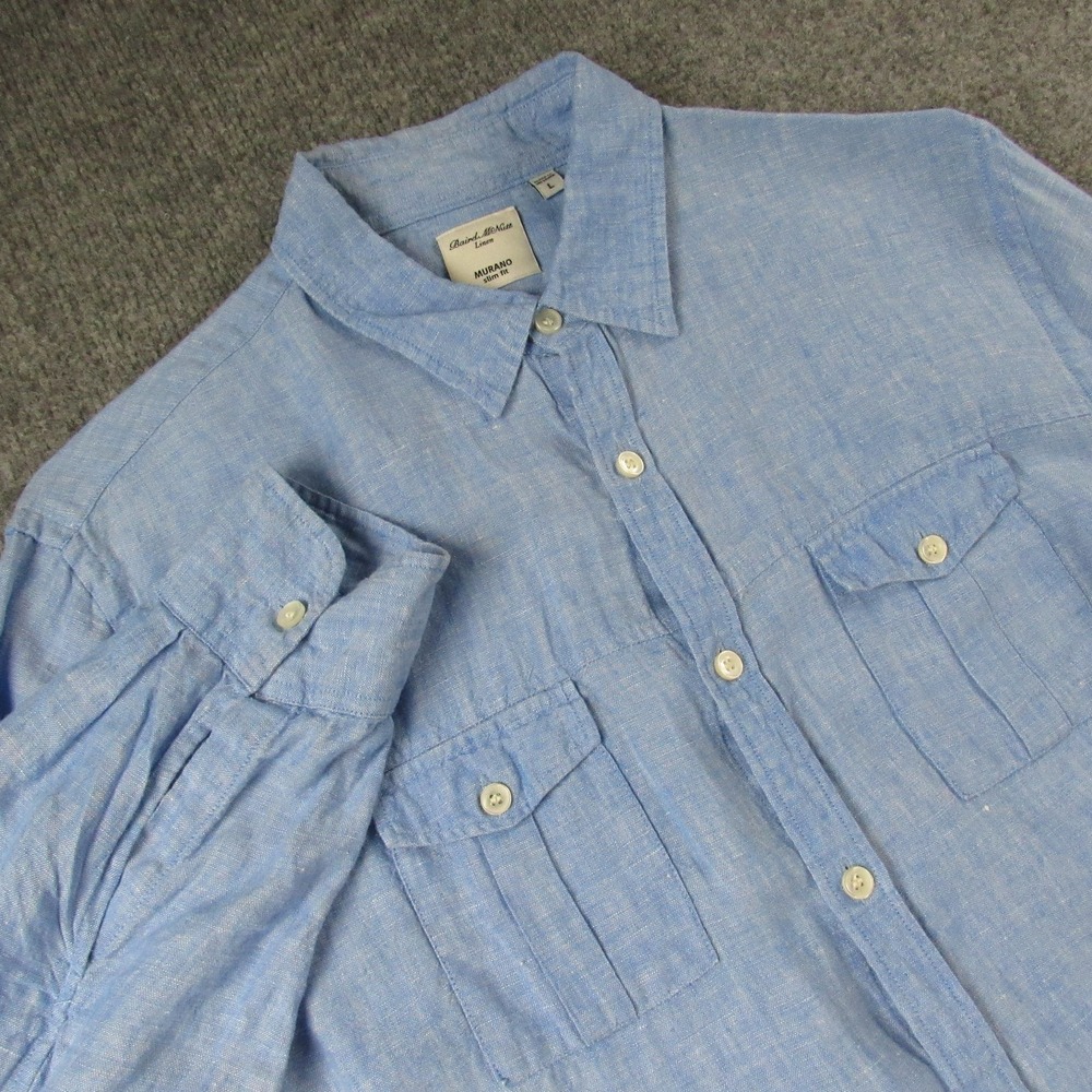 Murano Baird McNutt Linen Shirt Mens‎ Large Blue Slim Fit Long Roll Tab Sleeve